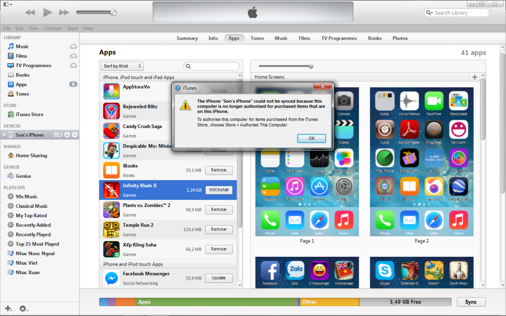 Lỗi khi synced App vào Iphone trên iTunes